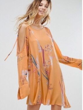 FREE PEOPLE Orange Clear Skies Floral Cold Shoulder Tunic Mini Dress Sz S